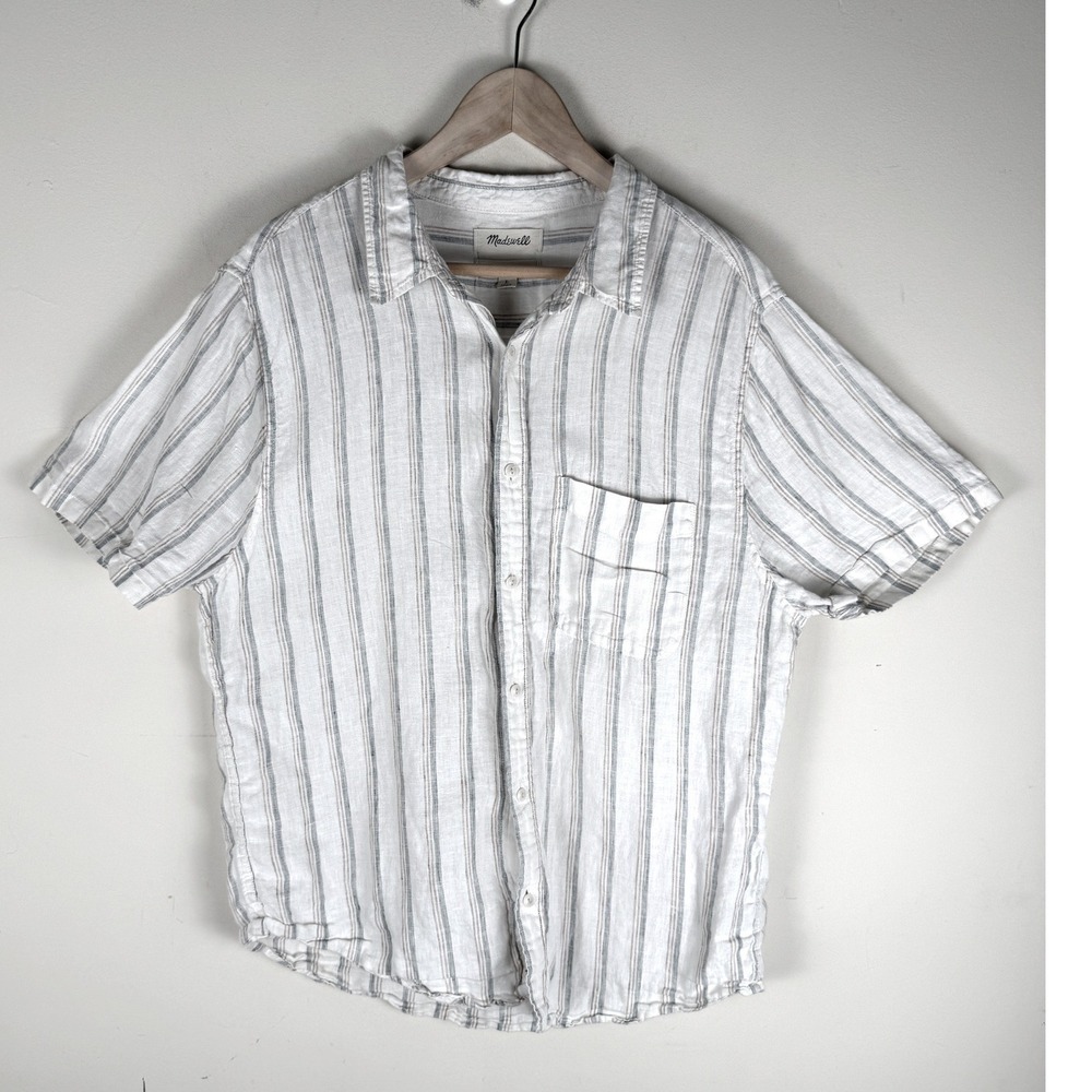 MADEWELL Perfect Fit 100% Linen Men's Short Sleeve Button Up Shirt Size Large